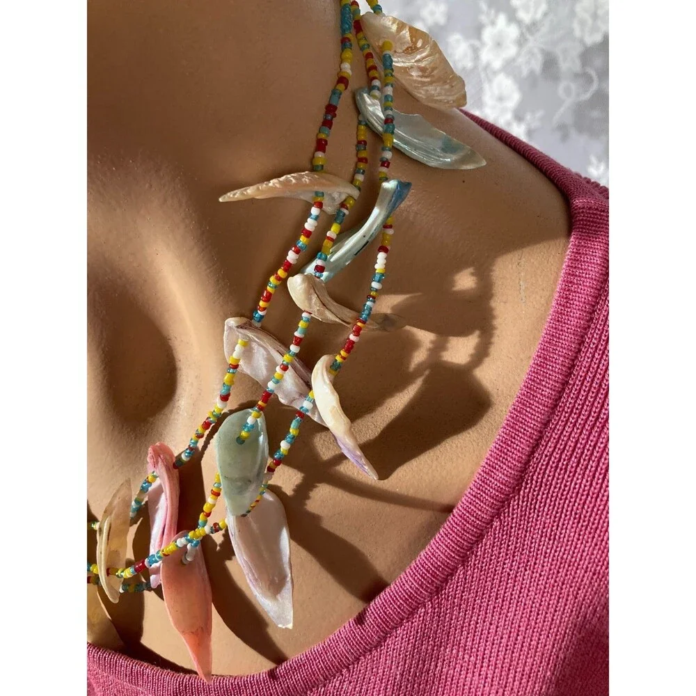 Vintage 80s Shell Necklace 1980s Three Strand Pastel Petal Boho Hippie Layered